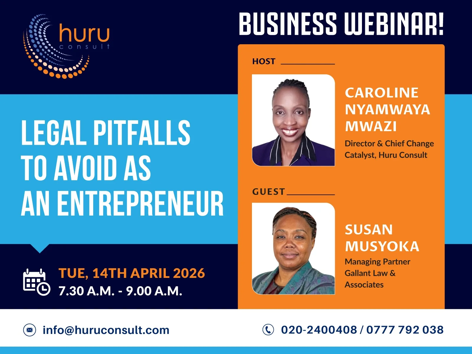 Business webinar poster for Legal Pitfalls to Avoid as an Entrepreneur featuring Caroline Nyamwaya Mwazi and Susan Musyoka.