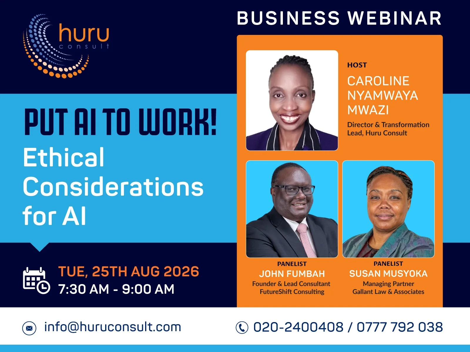 Business webinar poster for Ethical Considerations for AI featuring Caroline Nyamwaya Mwazi, John Fumbah and Susan Musyoka.