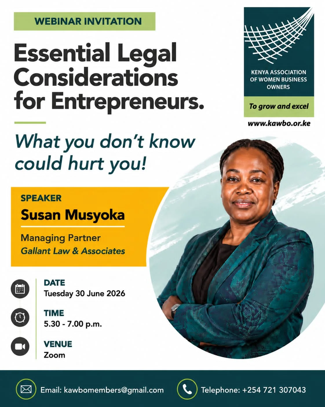Webinar invitation for Essential Legal Considerations for Entrepreneurs featuring Susan Musyoka.